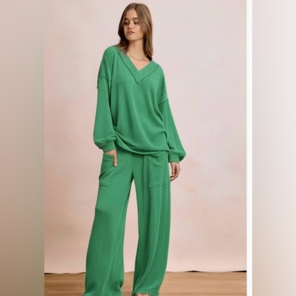 532. Corded ribbed long sleeve wide leg pant set in jade green